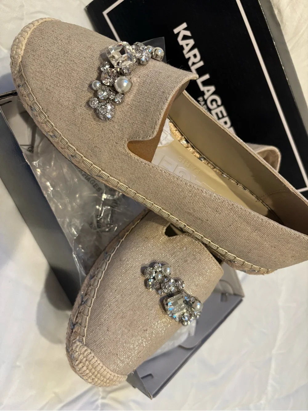 Karl Lagerfeld Nude-Beige Crystal Embellished Espadrille Flats